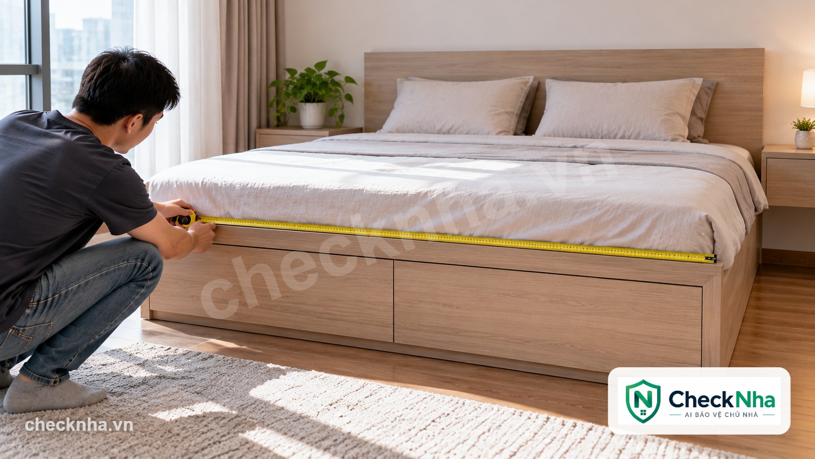 Chủ nhà đo chiều ngang giường ngủ gỗ công nghiệp có ngăn kéo để đối chiếu báo giá
