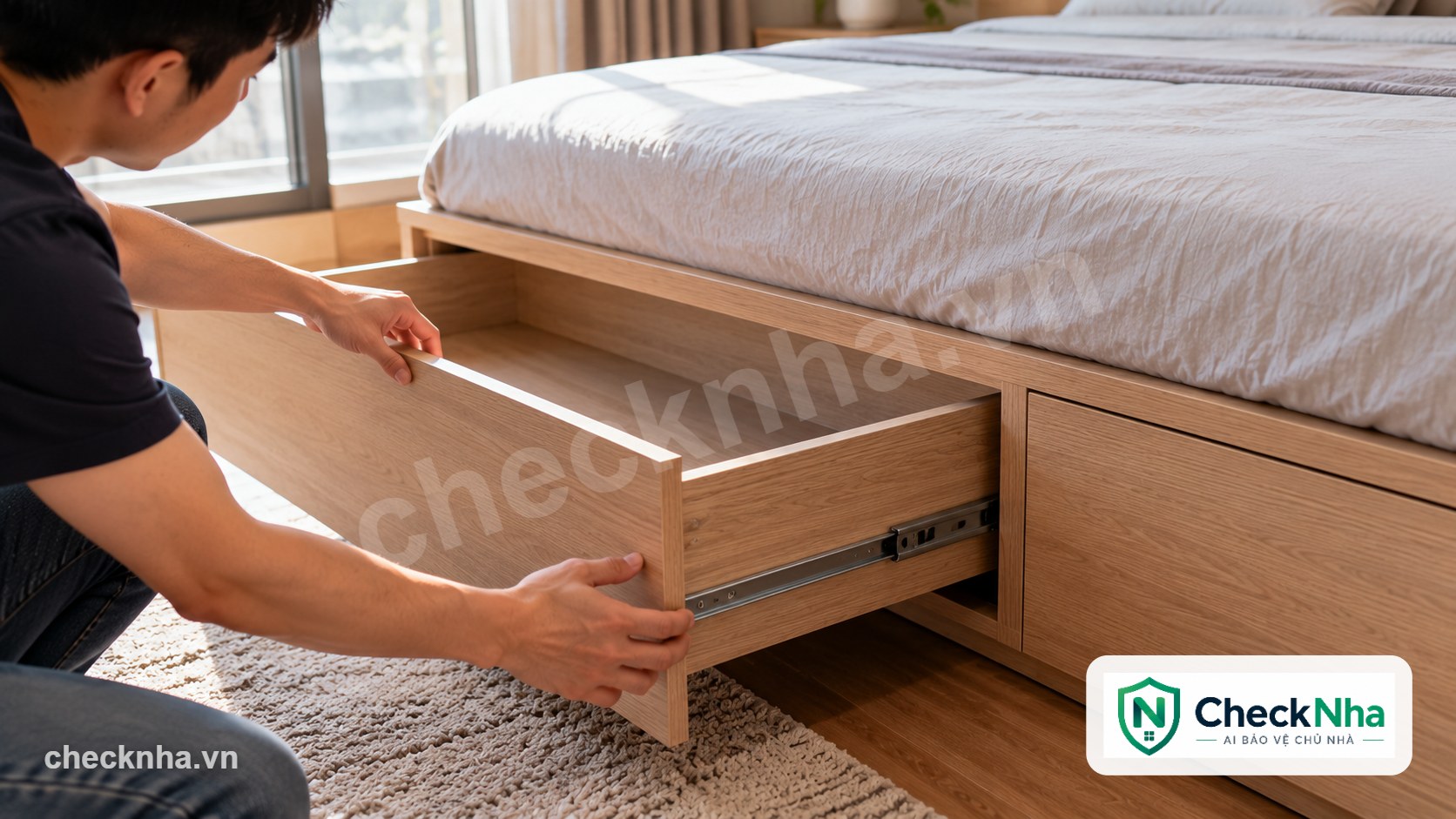 Chủ nhà kiểm tra ray trượt và cạnh ván ngăn kéo giường ngủ gỗ công nghiệp