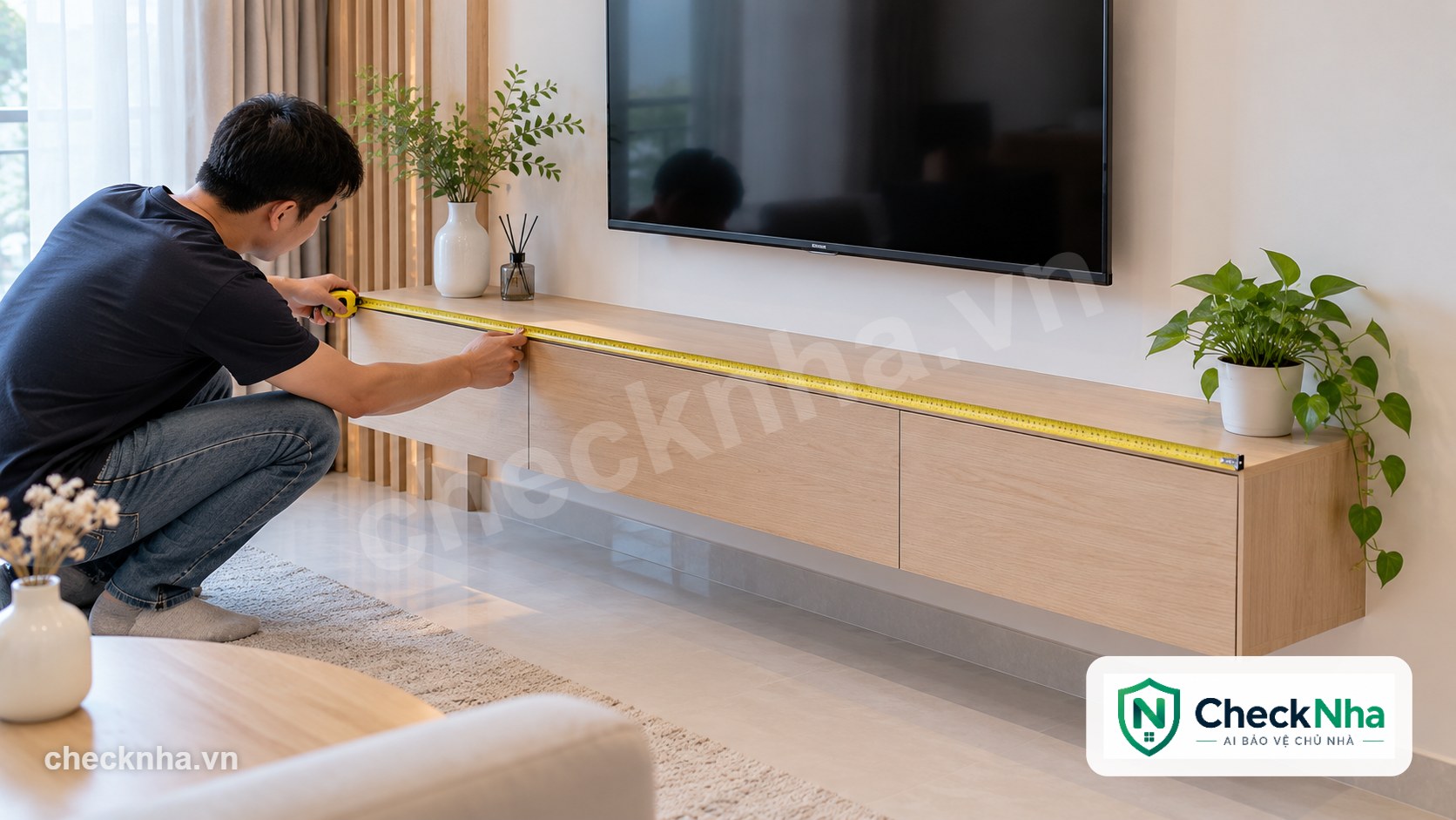 Chủ nhà đo chiều dài kệ tivi treo tường gỗ công nghiệp để tính giá theo mét dài