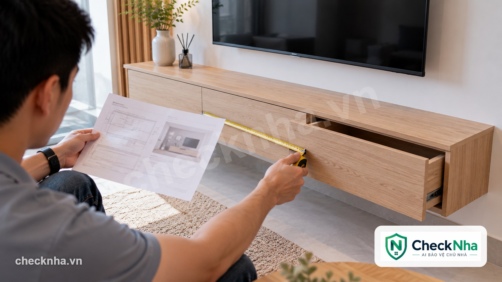 Chủ nhà đối chiếu báo giá với kích thước kệ tivi treo tường gỗ công nghiệp có ngăn kéo