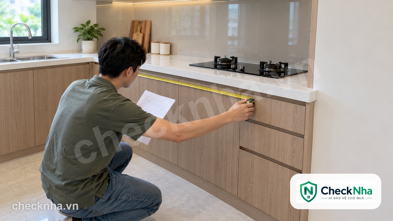 Chủ nhà đo chiều dài tủ bếp gỗ công nghiệp để đối chiếu báo giá tủ bếp MDF chống ẩm An Cường theo mét dài