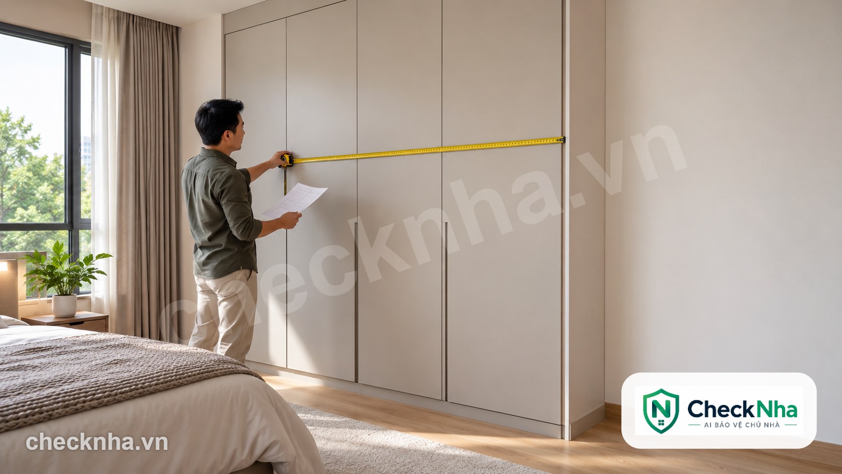 Chủ nhà dùng thước dây đo chiều ngang tủ quần áo gỗ công nghiệp để tính giá theo m2