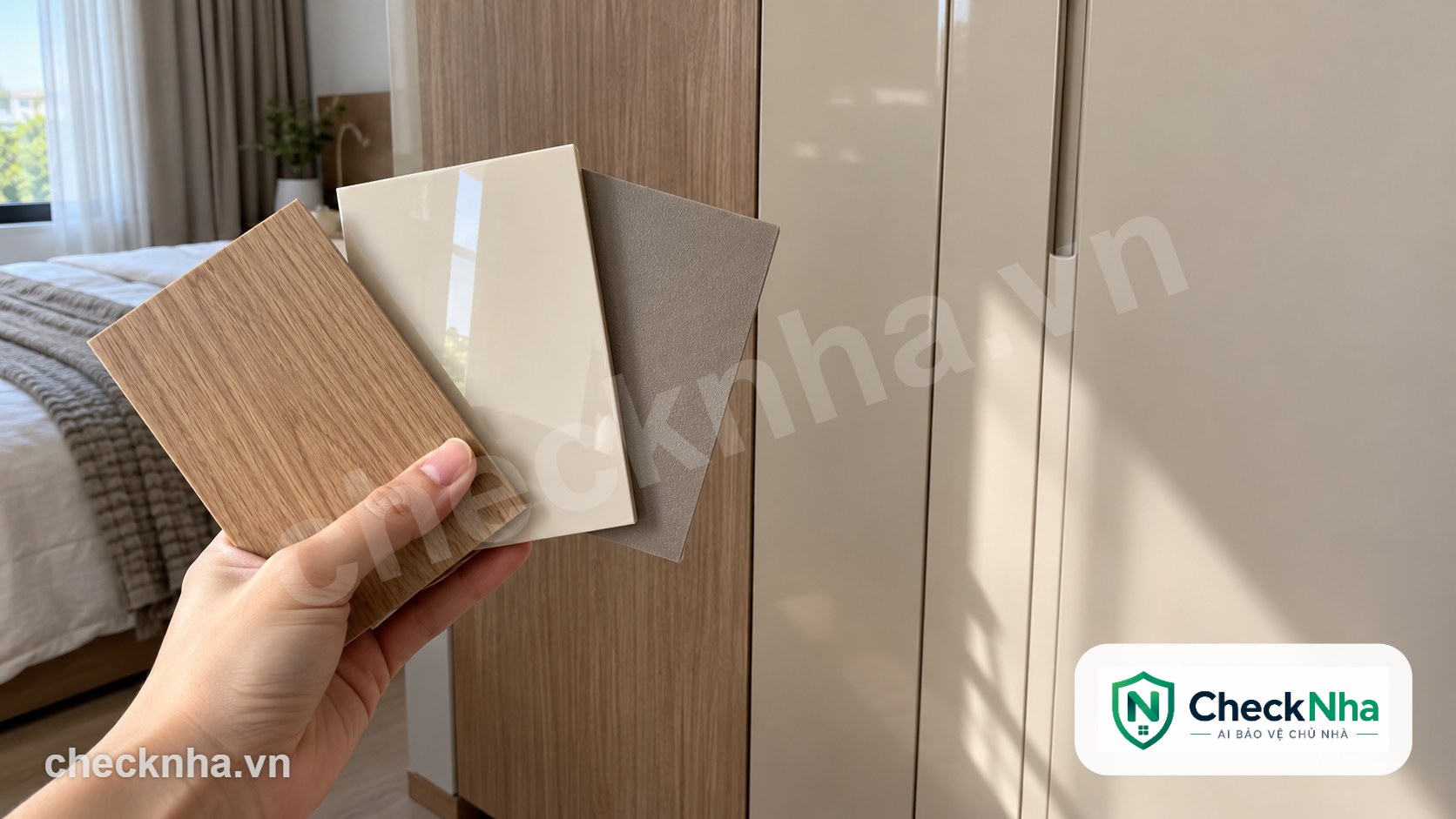 Chủ nhà cầm các mẫu bề mặt cánh tủ quần áo gỗ công nghiệp để so sánh melamine, acrylic và đơn giá m2