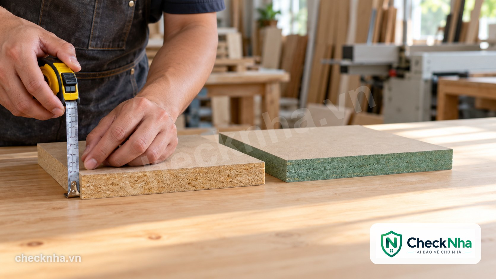 Chủ nhà dùng thước đo kiểm tra hai mẫu ván MDF lõi vàng và MDF lõi xanh chống ẩm