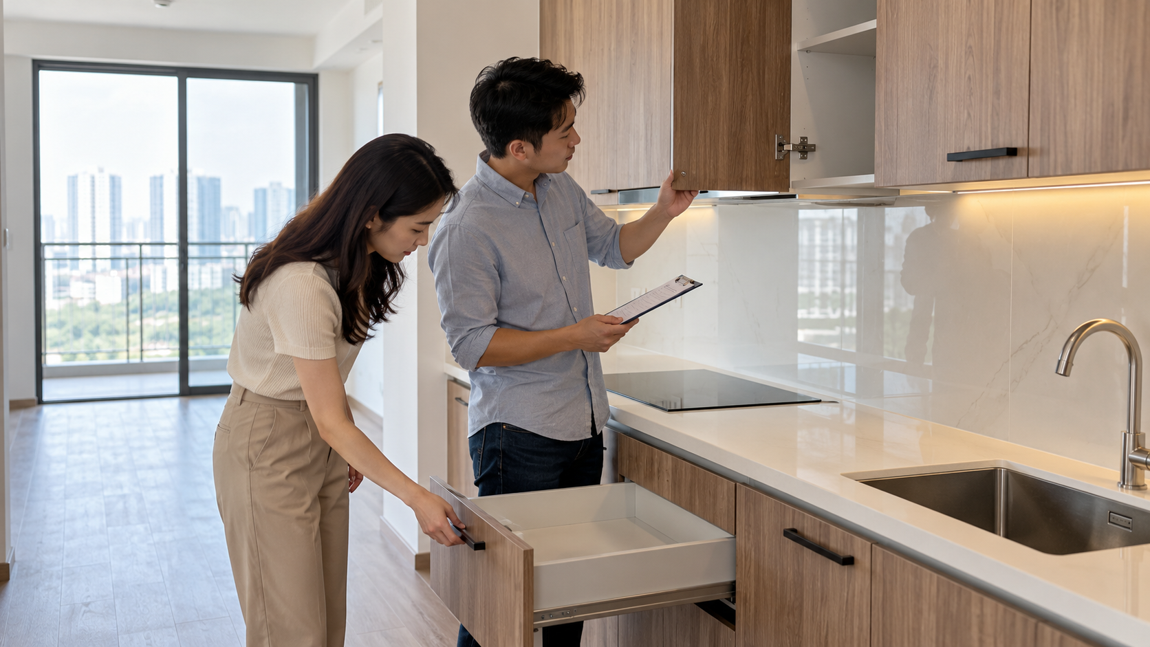 Chủ nhà nghiệm thu tủ bếp gỗ công nghiệp, kiểm tra cánh và ngăn kéo trước khi ký bàn giao