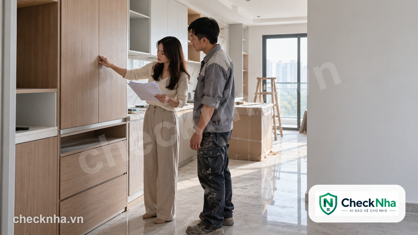 Chủ nhà cầm hợp đồng đối chiếu vật liệu cánh tủ gỗ công nghiệp với thợ nội thất để tránh bị tráo vật liệu