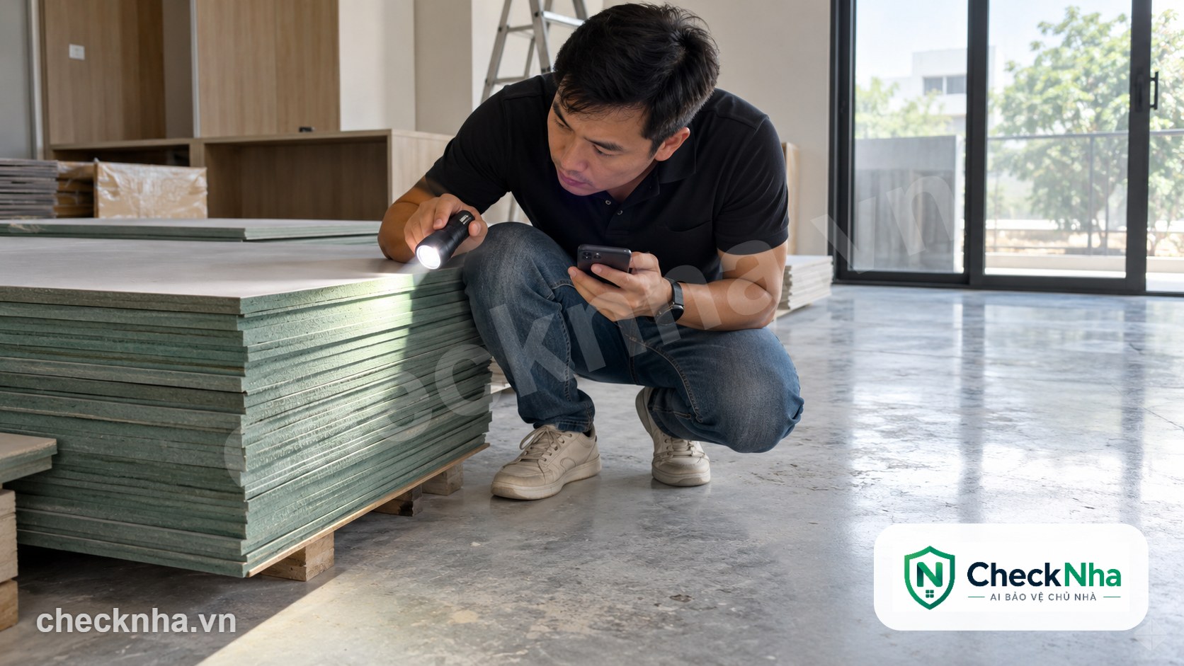 Chủ nhà dùng đèn pin soi cạnh chồng ván MDF lõi xanh để phân biệt MDF An Cường thật giả khi ván giao đến