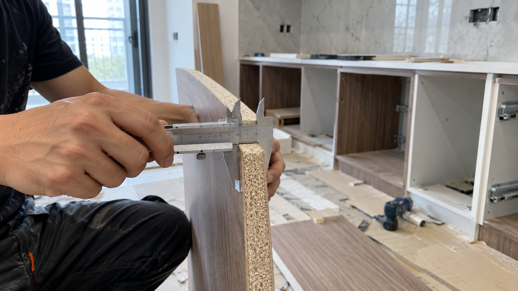 Dùng thước kẹp đo độ dày cốt ván gỗ công nghiệp để đối chiếu với báo giá